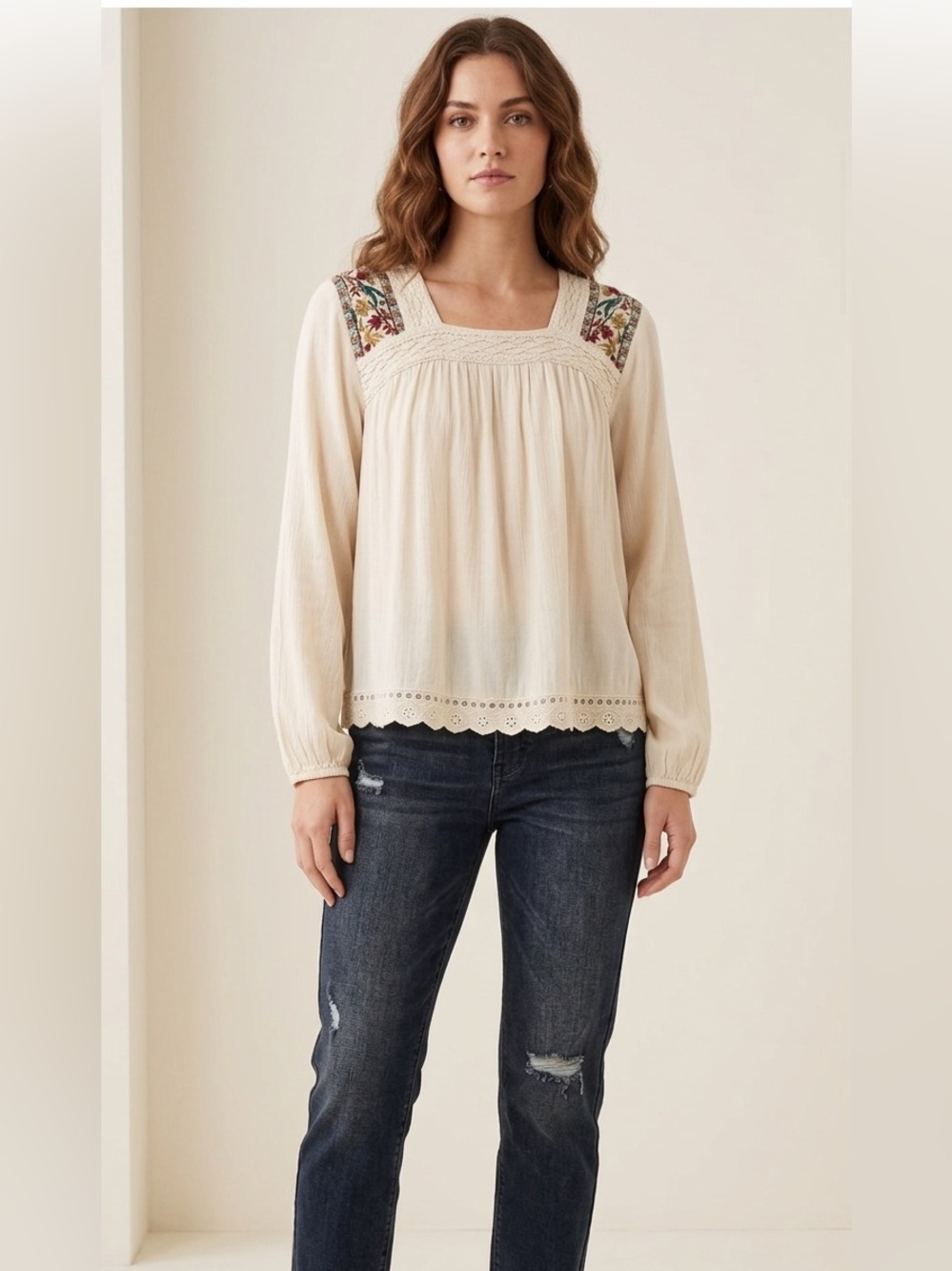 Knox Rose Cream Embroidered Eyelet Peasant Blouse Boho Top Size Small